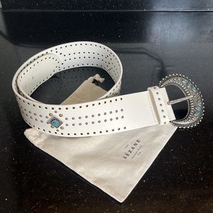 Sezane White Leather belt with Turquoise and metal accents.